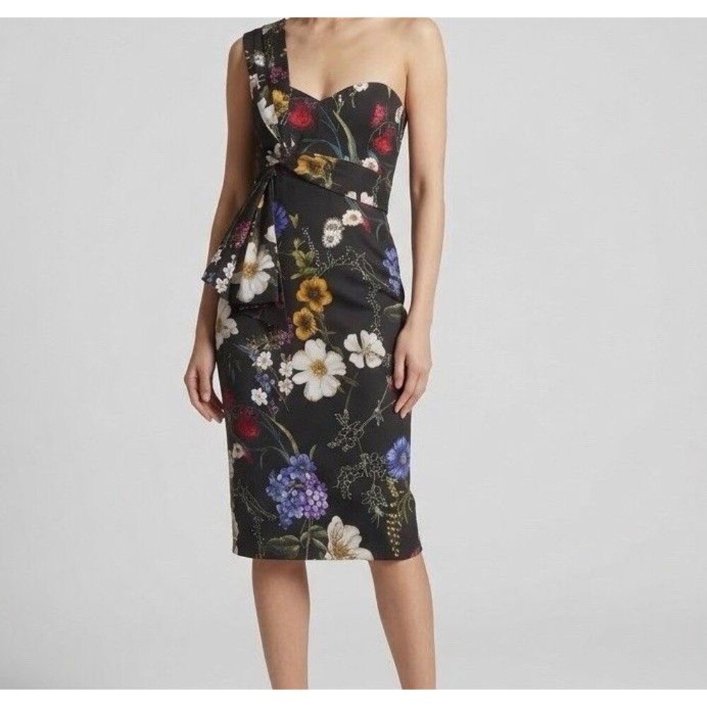 Parker Black Floral One Shoulder Ruffle Sheath Cocktail Midi Dress Sz 6 Romantic